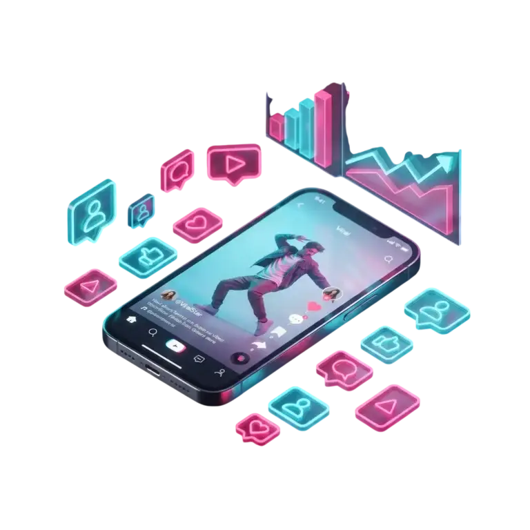 3D illustration of a smartphone showing viral TikTok growth and follower increase for social media marketing