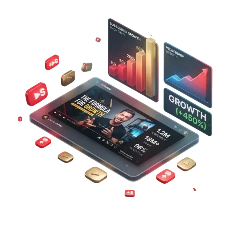 3D illustration displaying rapid YouTube channel growth, active subscriber metrics, and red play buttons