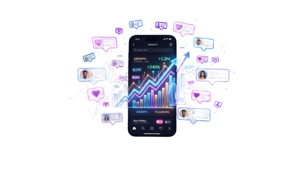 Smartphone displaying viral Instagram growth and algorithm success with glowing 3D notifications