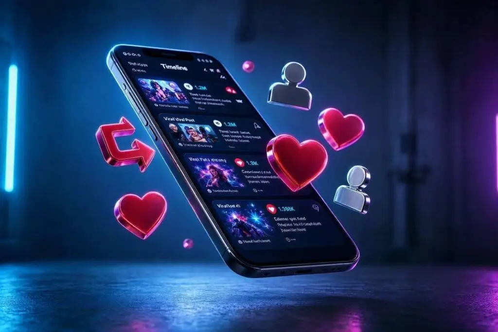Smartphone showing X Twitter growth and timeline engagement metrics