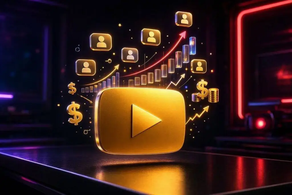 Golden YouTube play button showing rapid channel growth and 1000 subscribers